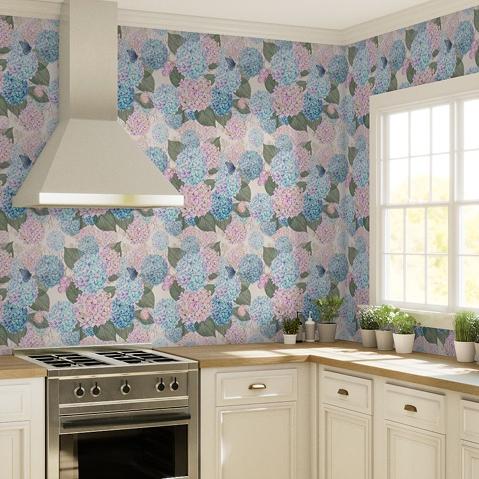 Teal & Dusty Pink kitchen wallpaper
