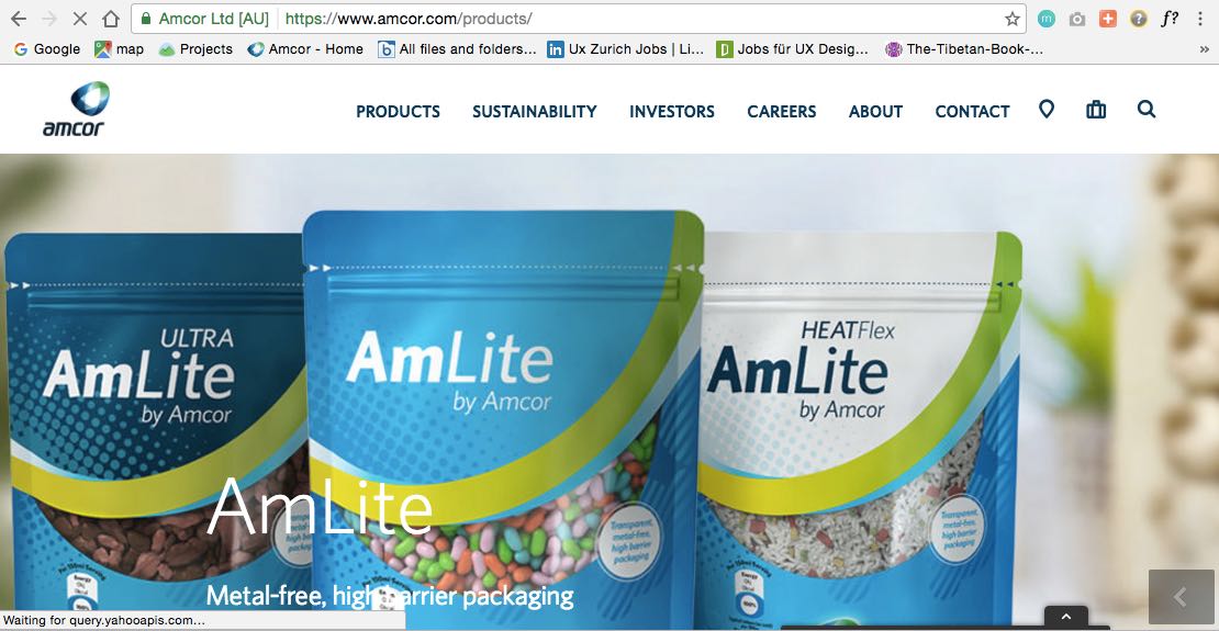 The old amcor.com products page, dominated by an oversized carousel with unreadable text