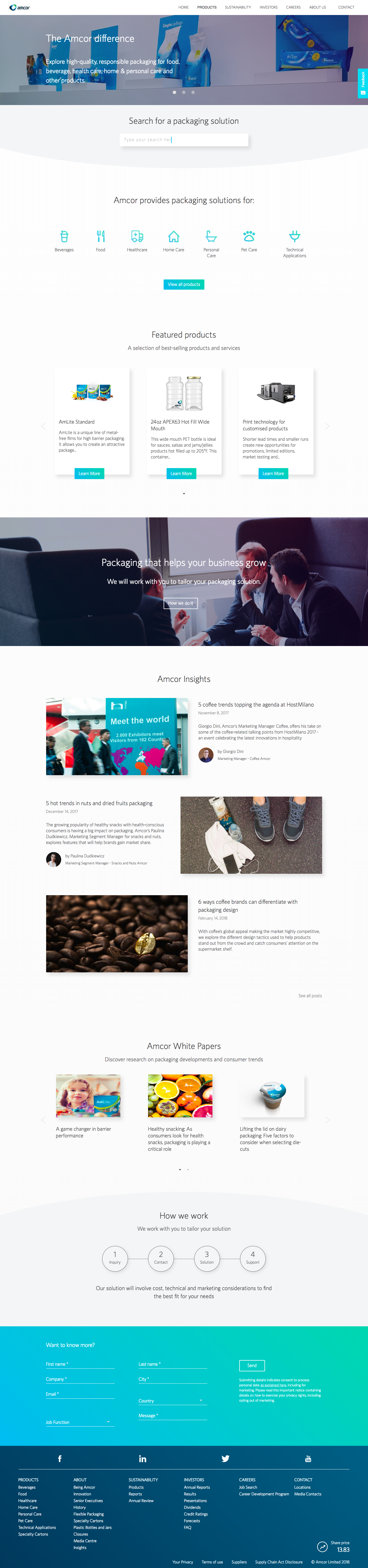 Live amcor.com products landing page after launch
