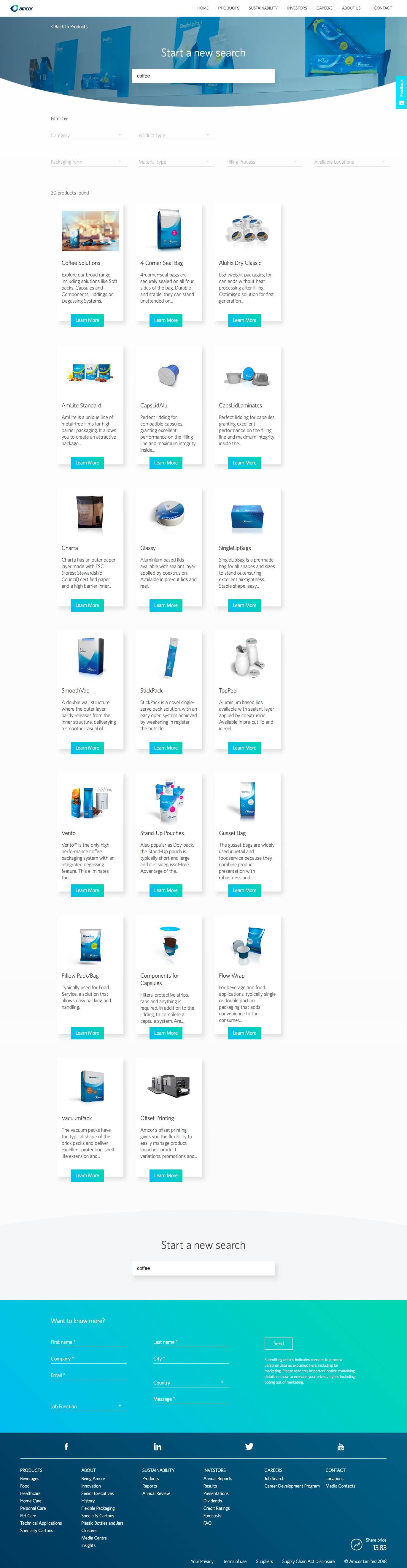Live amcor.com search results page after launch