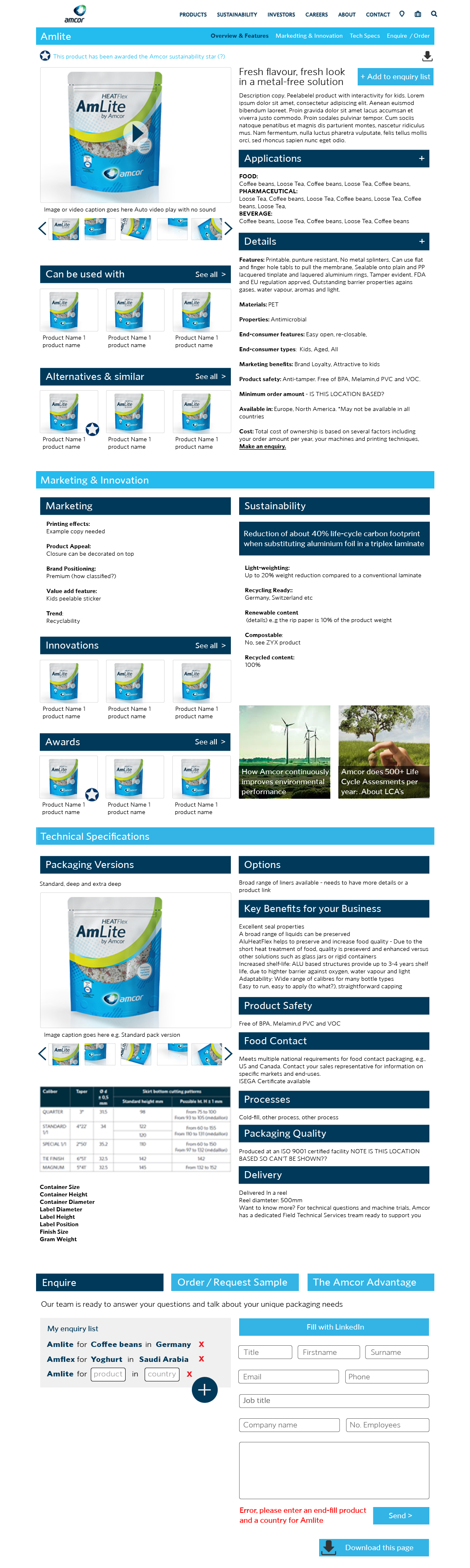 Redesigned product detail page wireframe split into Marketing and Technical Specifications tabs