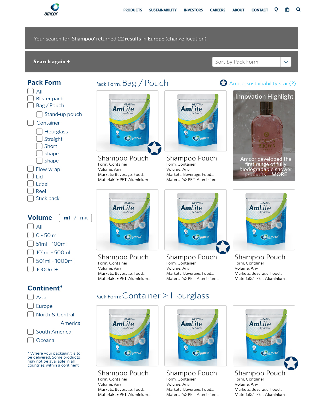 Redesigned search results page with the Amcor sustainability star badge on selected products