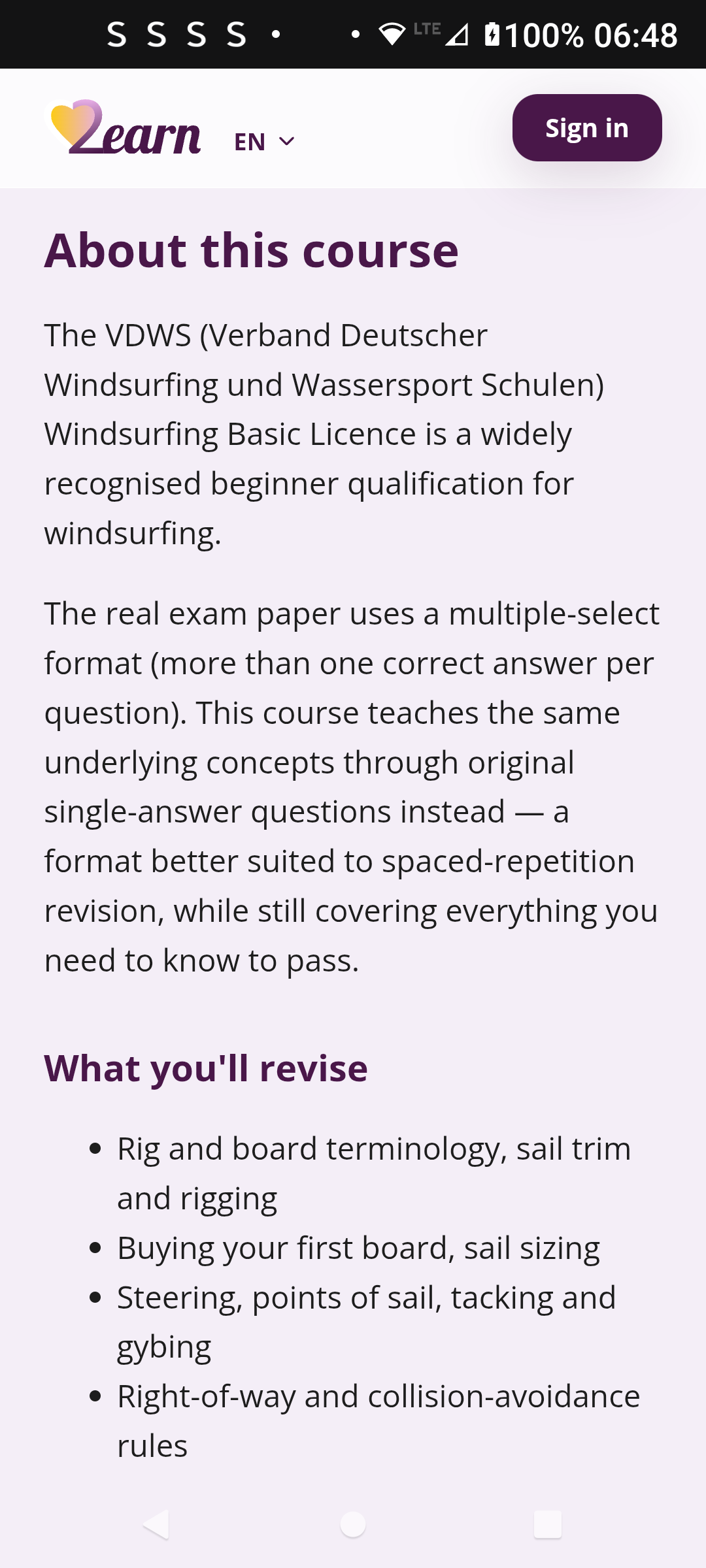 About this course page explaining how the windsurfing licence questions differ from the real exam format