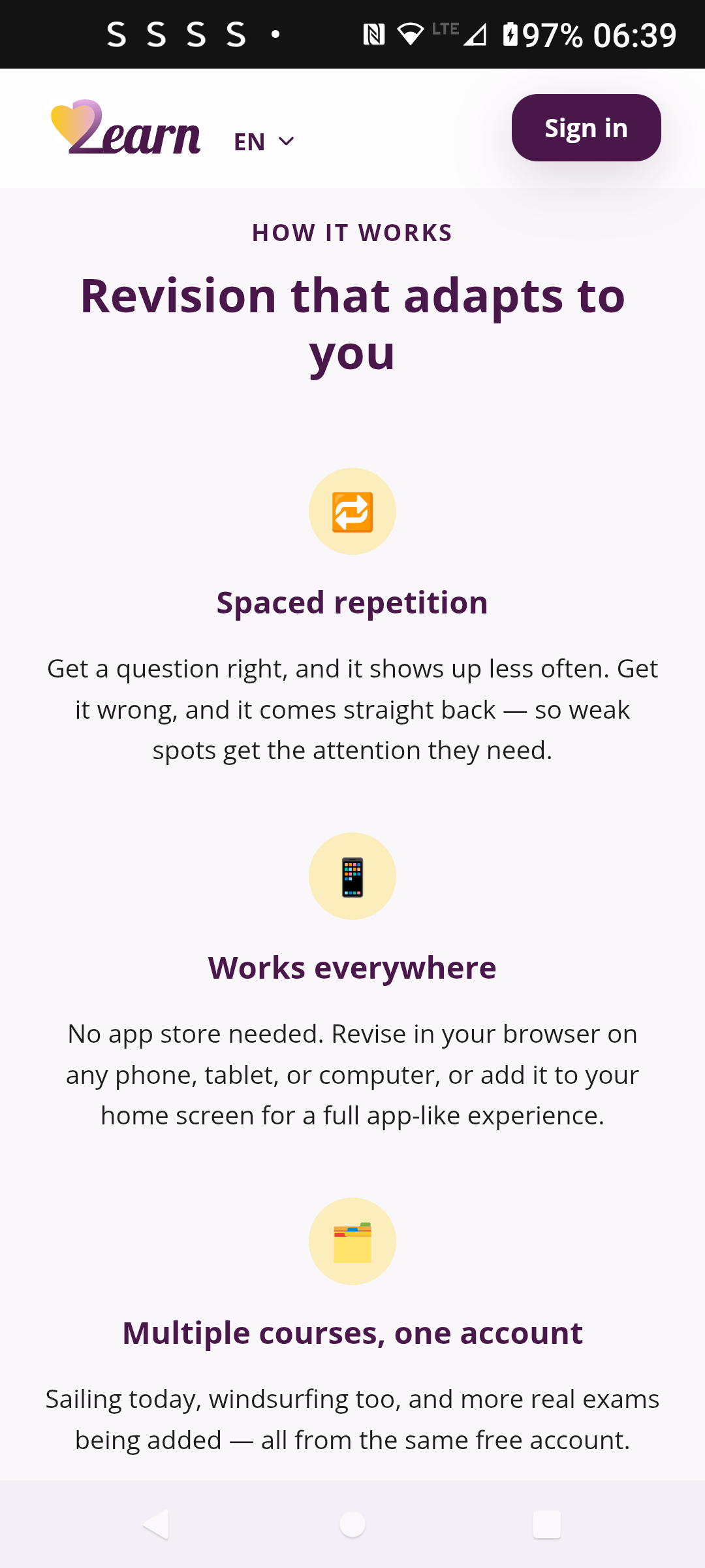 How it works section: spaced repetition, works everywhere, multiple courses one account
