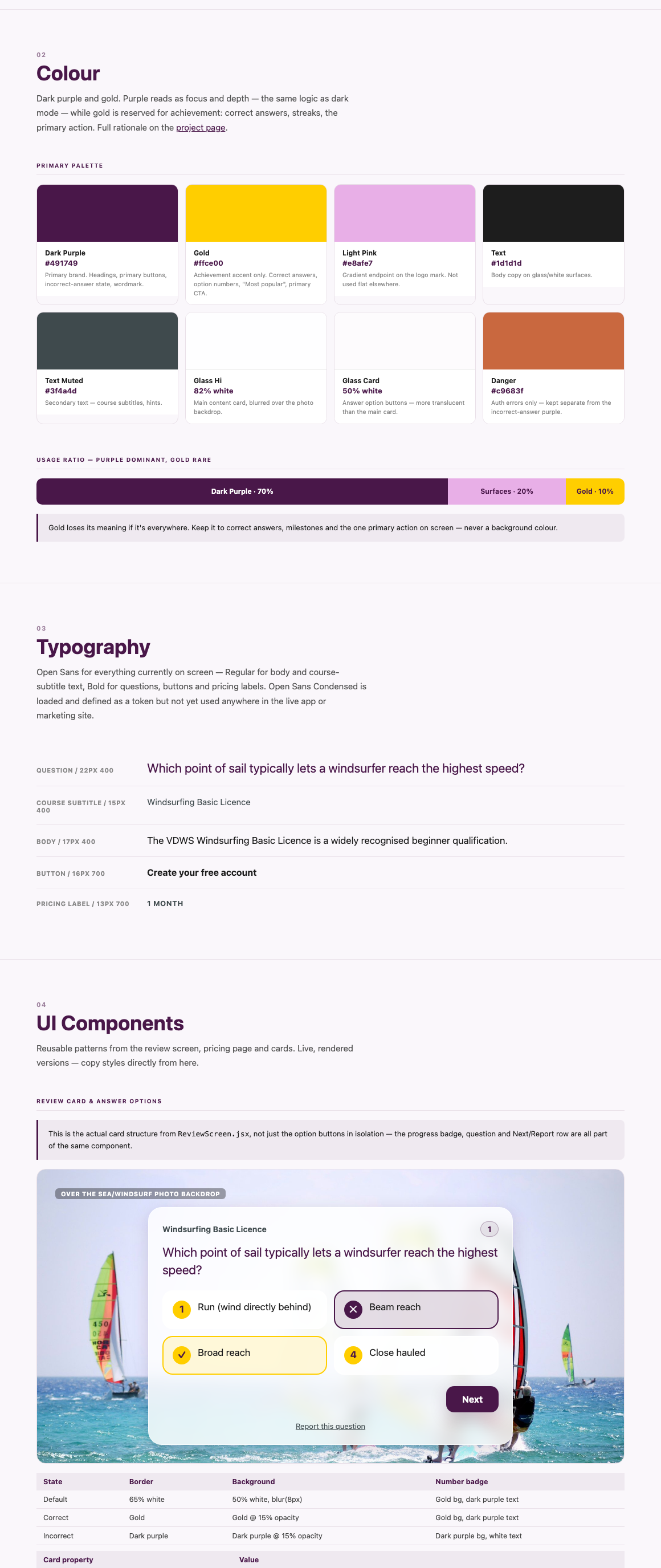 Love2Learn design system: dark purple and gold colour palette and UI components