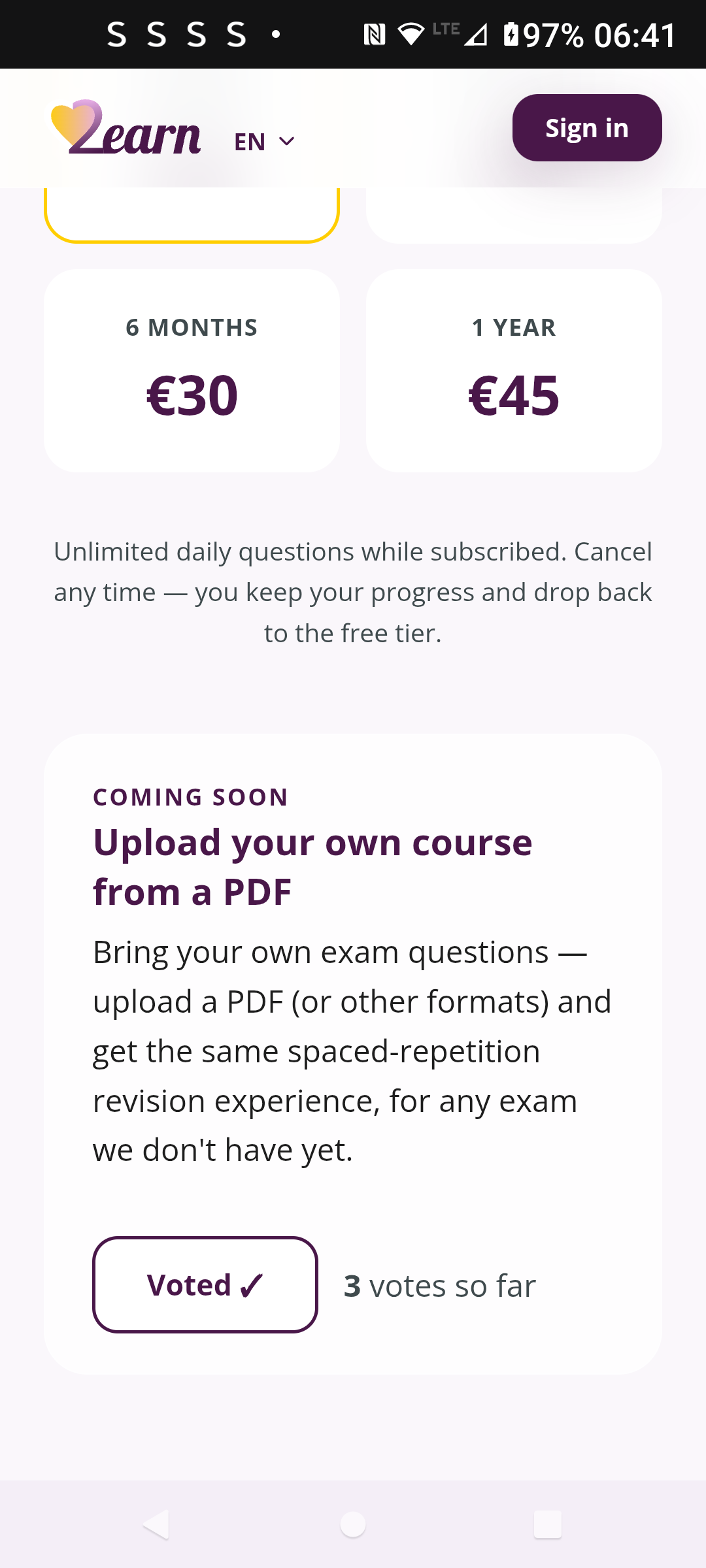 Pricing tiers continued: 6 months, 1 year, and a coming soon upload your own course vote card