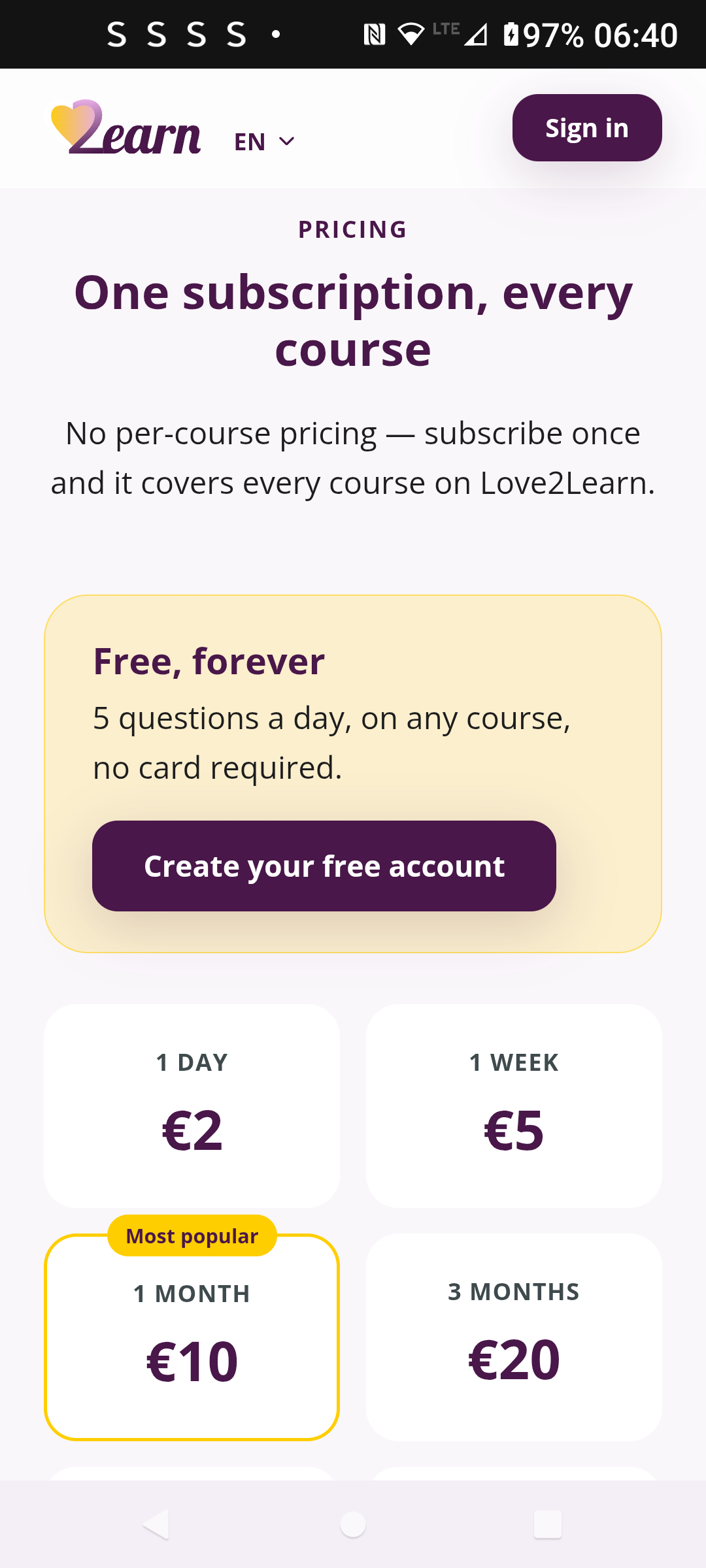 Pricing tiers: 1 day, 1 week, 1 month marked most popular, 3 months