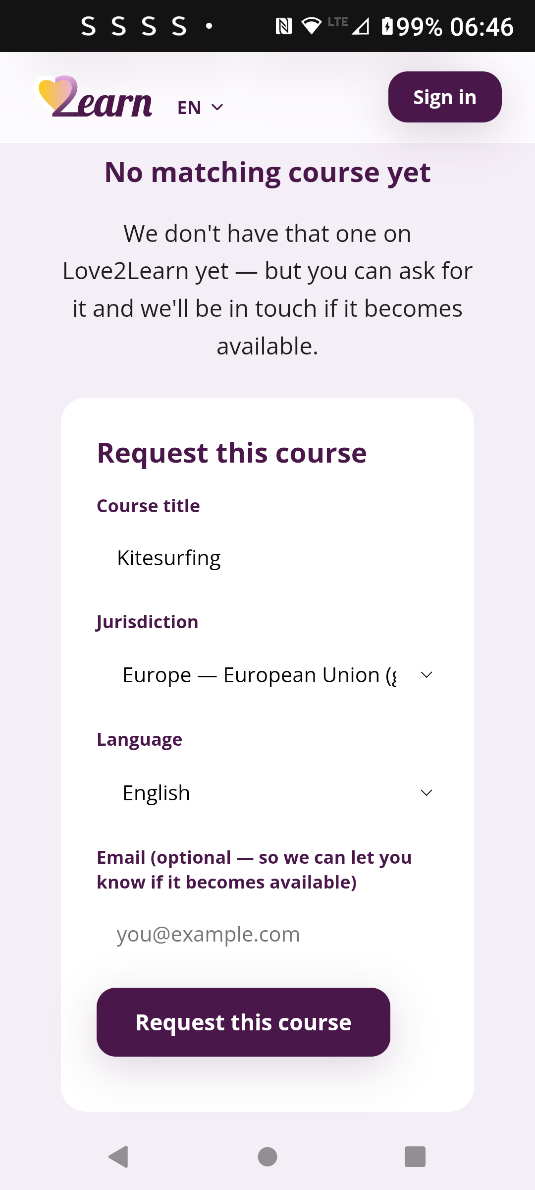 Request this course form, bottom half, with email field and submit button