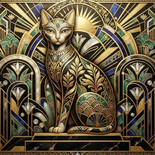 AI image of a cat in Art Deco style, made by changing the style word in the prompt