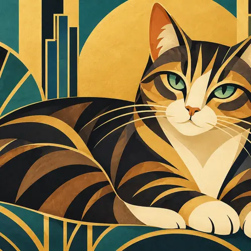 AI image of a cat in Art Deco style, made by changing the style word in the prompt