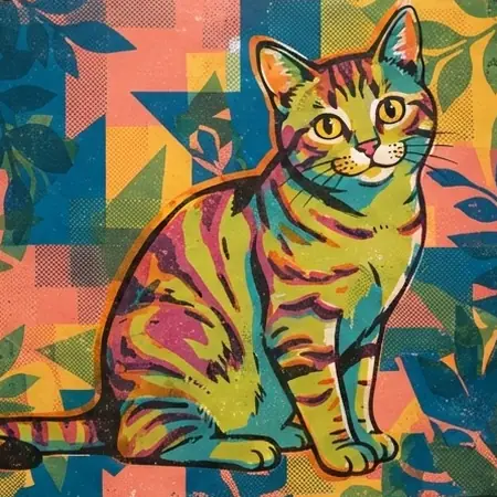 AI image of a cat in Screen Print style, made by changing the style word in the prompt