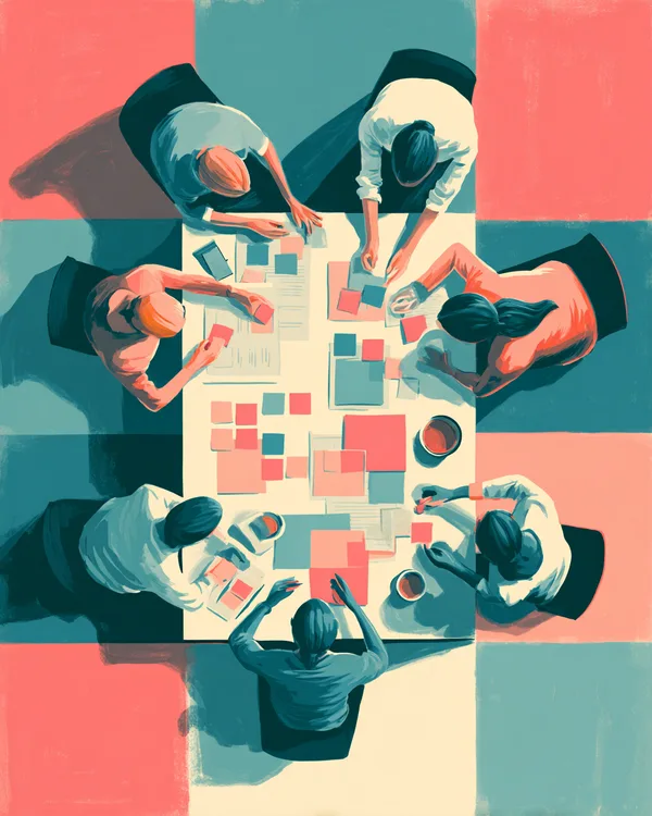 Flat AI illustration of a team brainstorming in teal, coral and cream brand colours