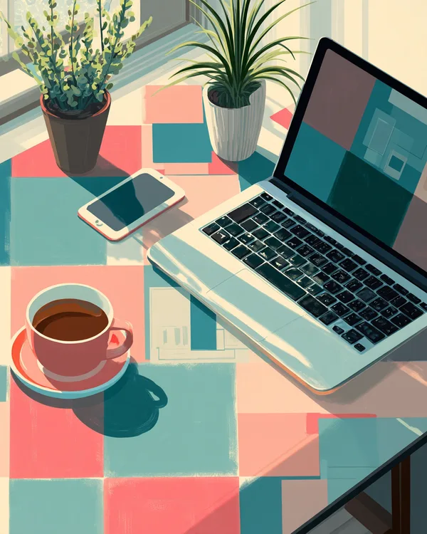 Flat AI illustration of a desk with a laptop in the same teal, coral and cream brand style