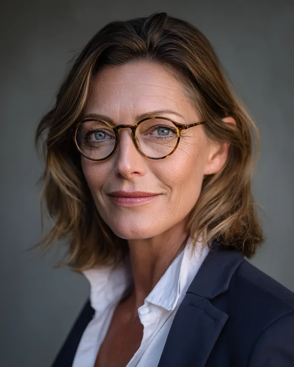 AI portrait of a professional woman with shoulder-length hair, glasses and a navy blazer on a plain background