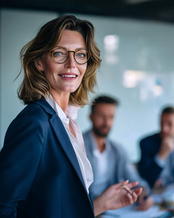 The same AI woman presenting to a small team in a meeting room, kept consistent with a character reference