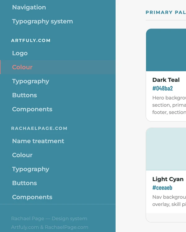 Artfuly design system page showing the colour palette and the logo, typography, buttons and components menu