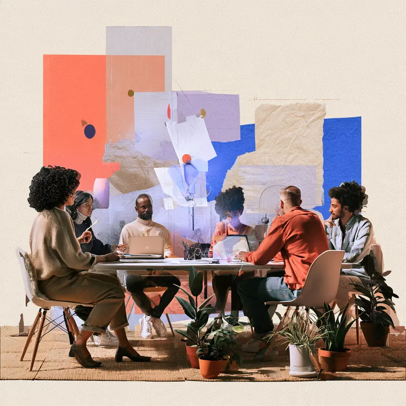 Raw Midjourney image of a creative team around a table in a paper collage style, made from an AI-written prompt