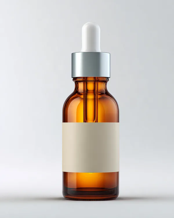 AI product packshot of an amber glass serum bottle on a plain white background
