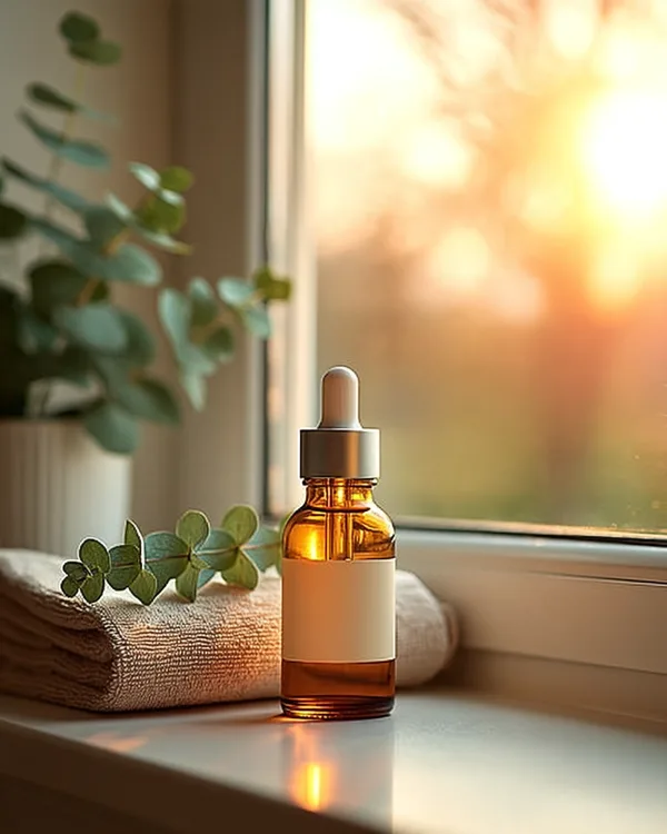The same AI serum bottle placed on a sunlit bathroom shelf, made in Midjourney using the product shot as a reference image